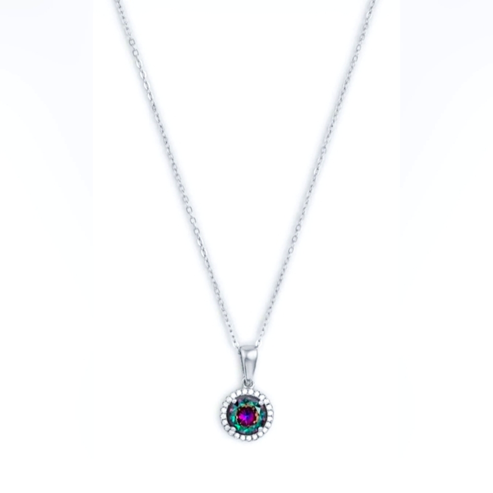 Sterling Silver Mystical Fire Topaz & Cubic Zirconia Round Halo Pendant